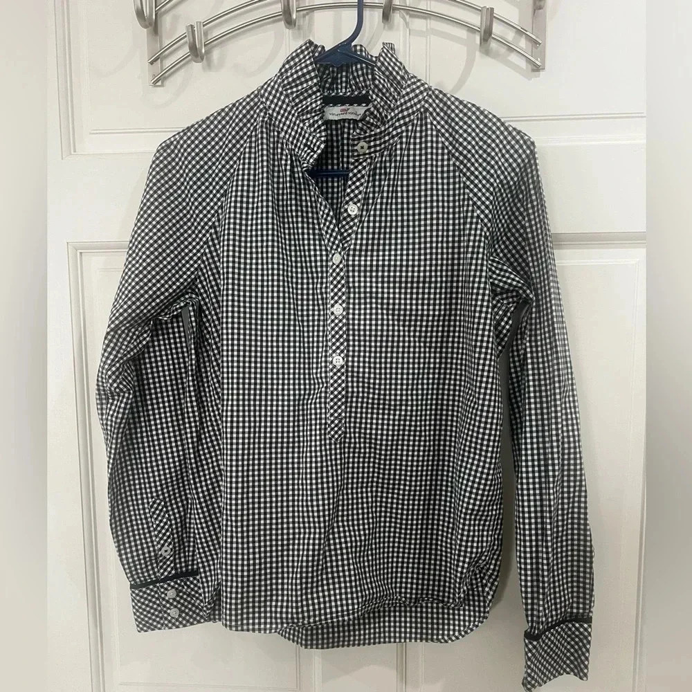 VINEYARD VINES Women's Black/White Gingham Ruffle Collar Half Button Top size 4